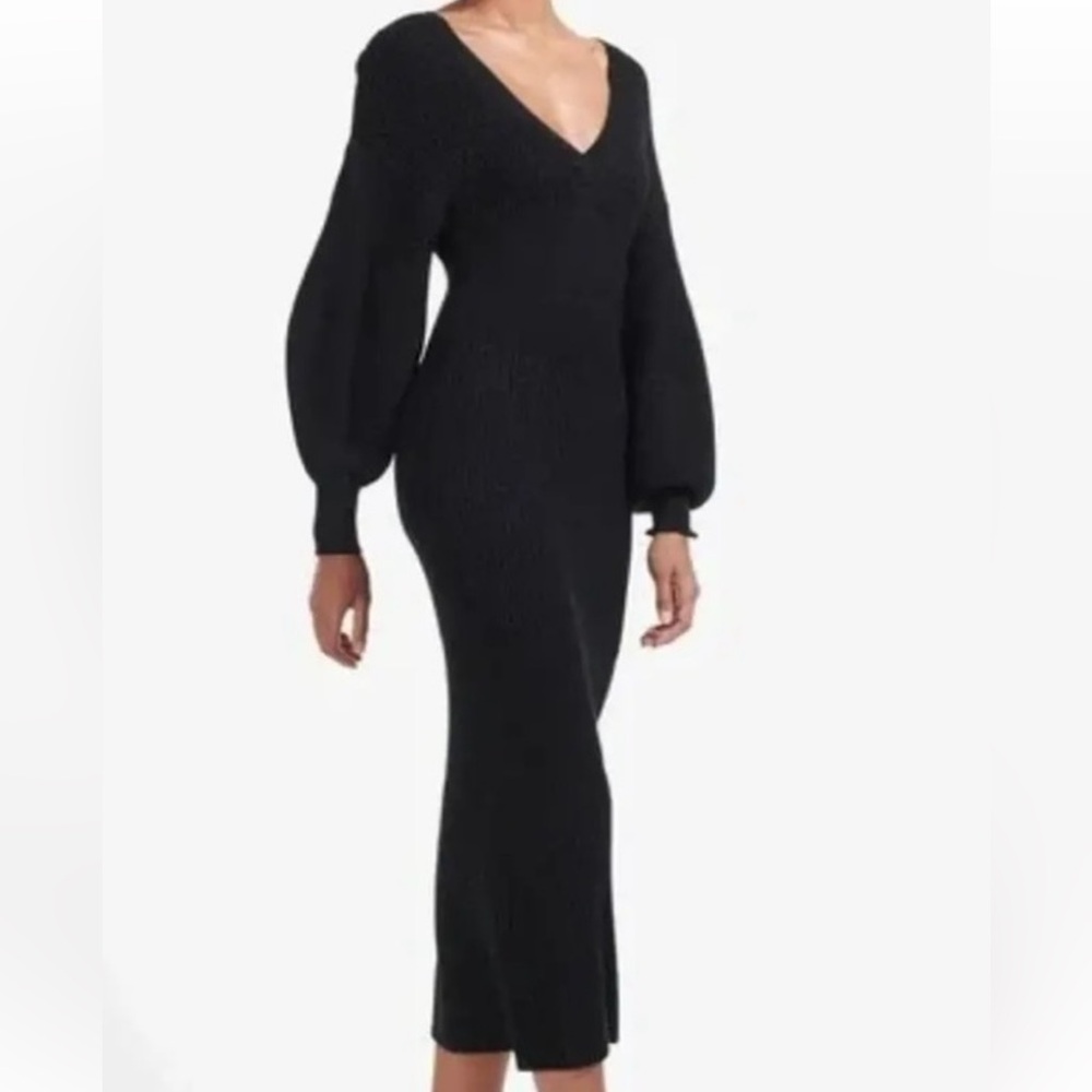 STAUD Black sweater Dress with Bishop Sleeves and V-Neck- worn once!